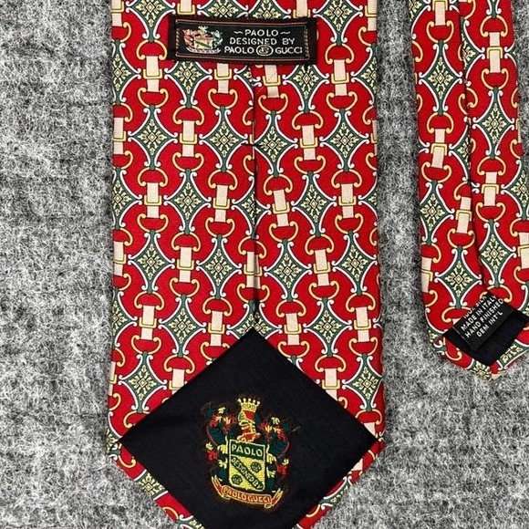 Paolo Gucci Silk Tie Mens Vintage Made In Italy Red Equestrian Chain Pattern - Picture 2 of 9